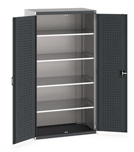 Heavy Duty Bott cubio cupboard with perfo panel lined hinged doors. 1050mm wide x 650mm deep x 2000mm high with 4 x100kg capacity shelves.... Bott Industial Tool Cupboards with Shelves